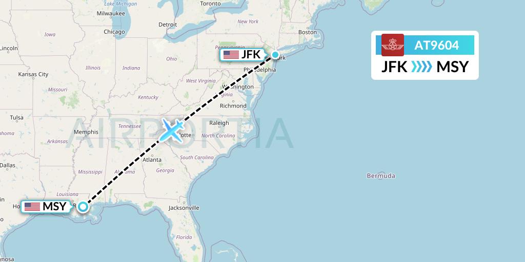 AT9604 Royal Air Maroc Flight Map: New York to New Orleans