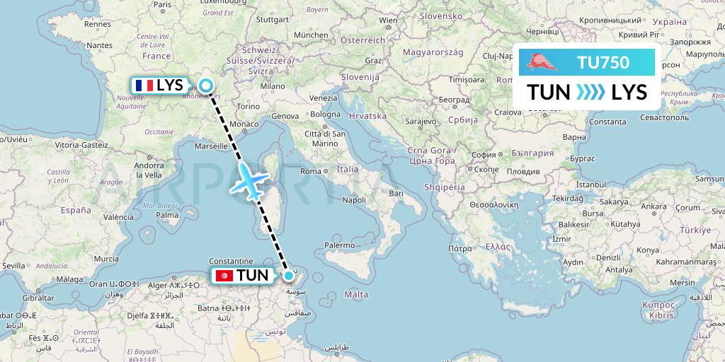 TU750 Tunisair Flight Map: Tunis to Lyon
