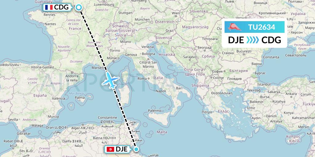 TU2634 Tunisair Flight Map: Djerba to Paris
