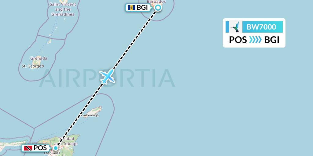 BW7000 Caribbean Airlines Flight Map: Port of Spain to Bridgetown