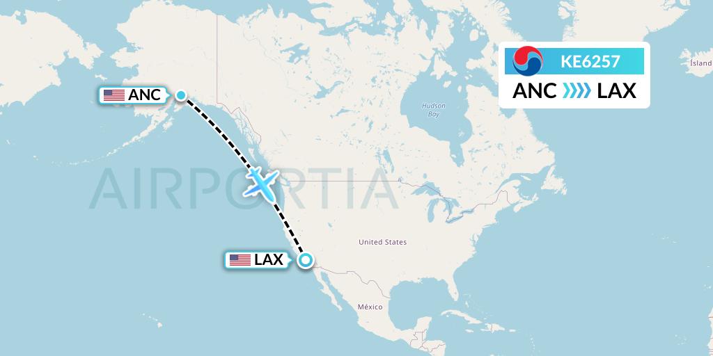 KE6257 Korean Air Flight Map: Anchorage to Los Angeles