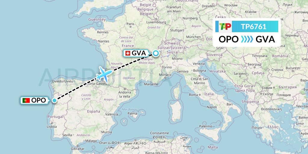 TP6761 TAP Portugal Flight Map: Porto to Geneva