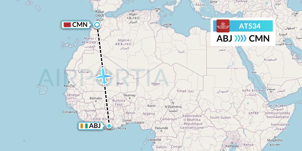 AT534 Royal Air Maroc Flight Map: Abidjan to Casablanca