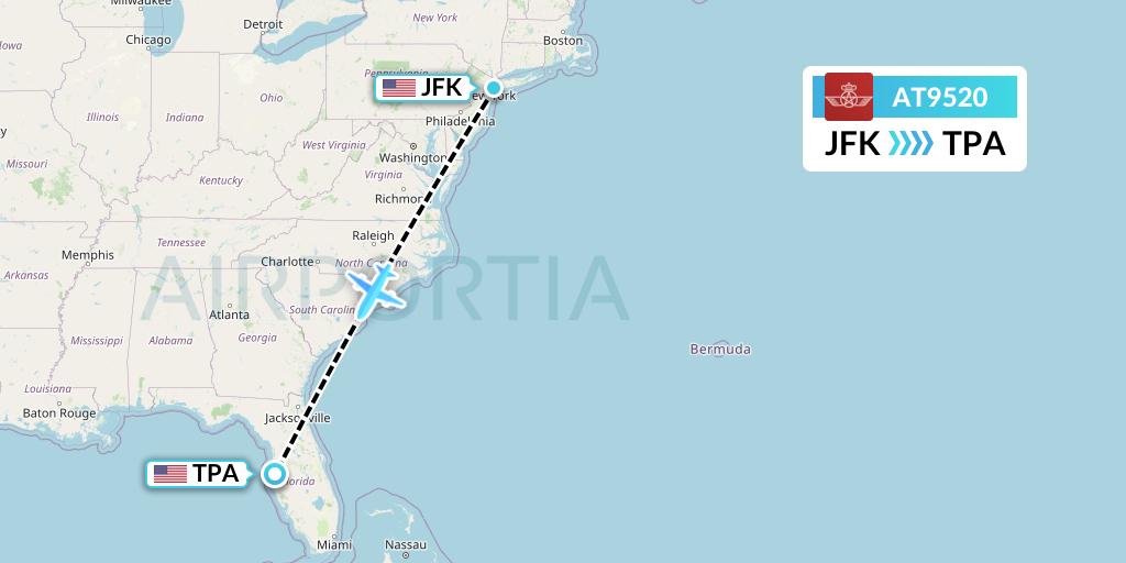 AT9520 Royal Air Maroc Flight Map: New York to Tampa