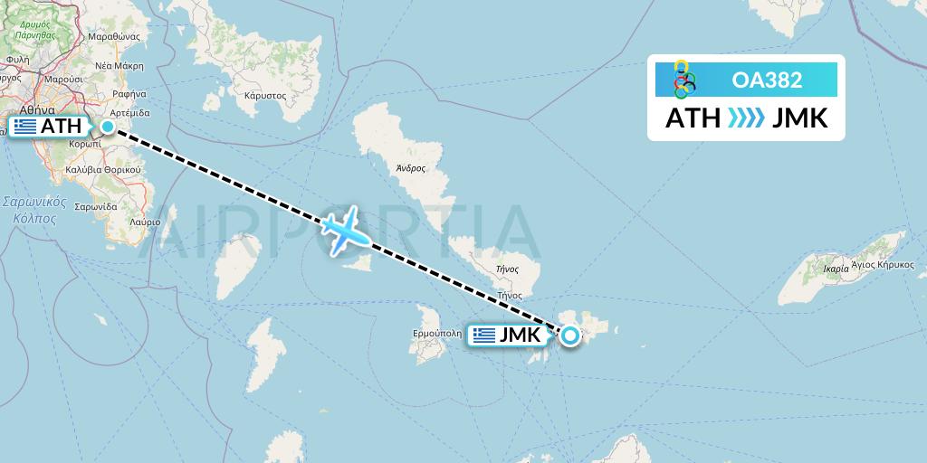 OA382 Olympic Air Flight Map: Athens to Mykonos