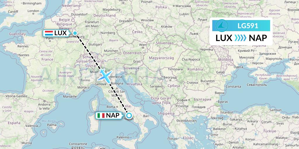 LG591 Luxair Flight Map: Luxembourg to Naples