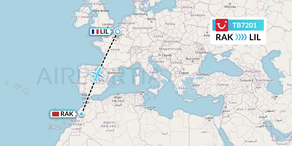 TB7201 TUI fly Belgium Flight Map: Marrakesh to Lille