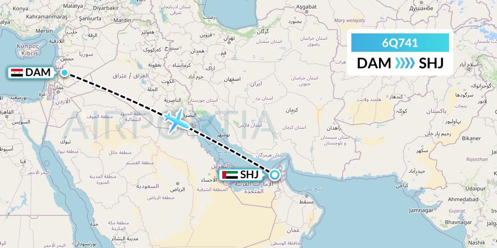 6Q741 Cham Wings Airlines Flight Map: Damascus to Sharjah