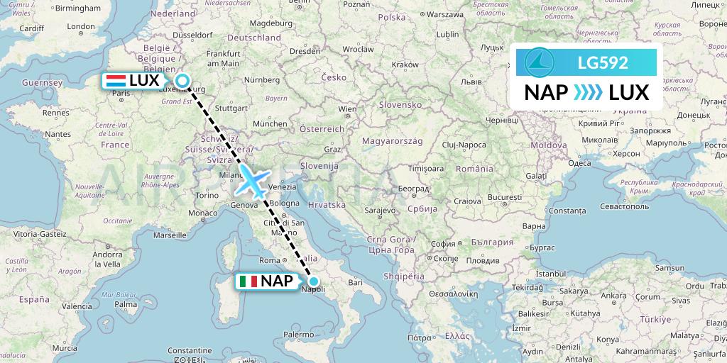 LG592 Luxair Flight Map: Naples to Luxembourg
