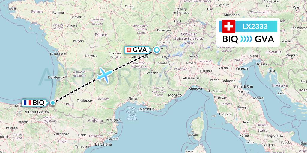 LX2333 Swiss Flight Map: Biarritz to Geneva