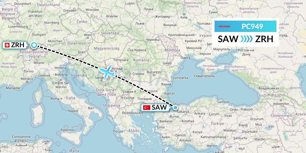 PC949 Pegasus Airlines Flight Map: Istanbul to Zurich