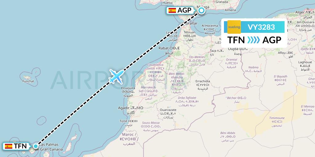 VY3283 Vueling Flight Map: Tenerife to Malaga