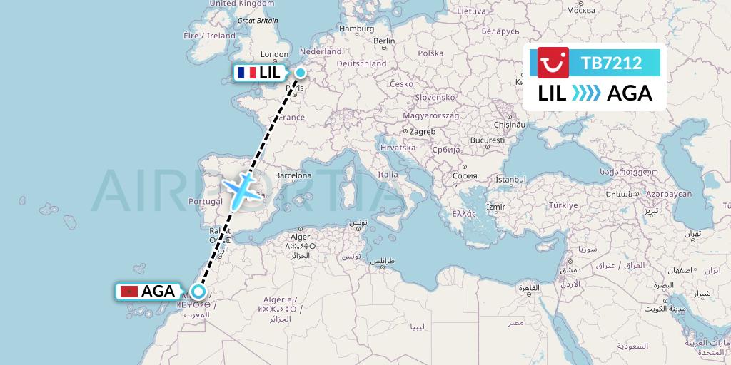 TB7212 TUI fly Belgium Flight Map: Lille to Agadir