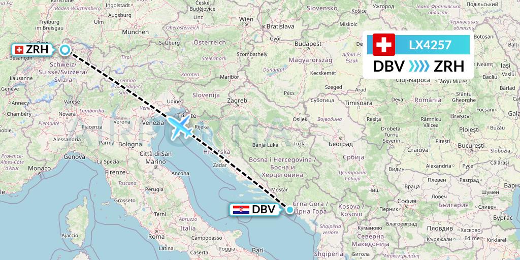 LX4257 Swiss Flight Map: Dubrovnik to Zurich
