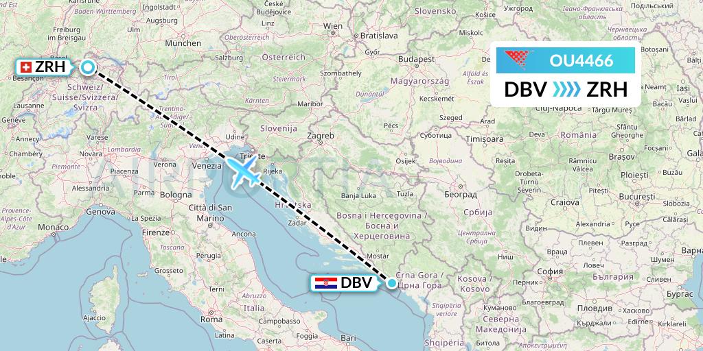 OU4466 Croatia Airlines Flight Map: Dubrovnik to Zurich
