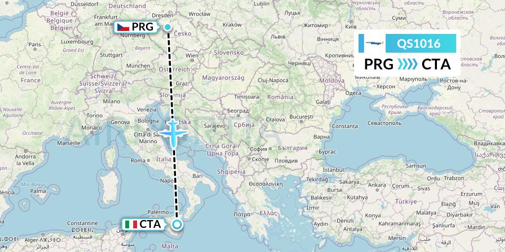 QS1016 Smartwings Flight Map: Prague to Catania