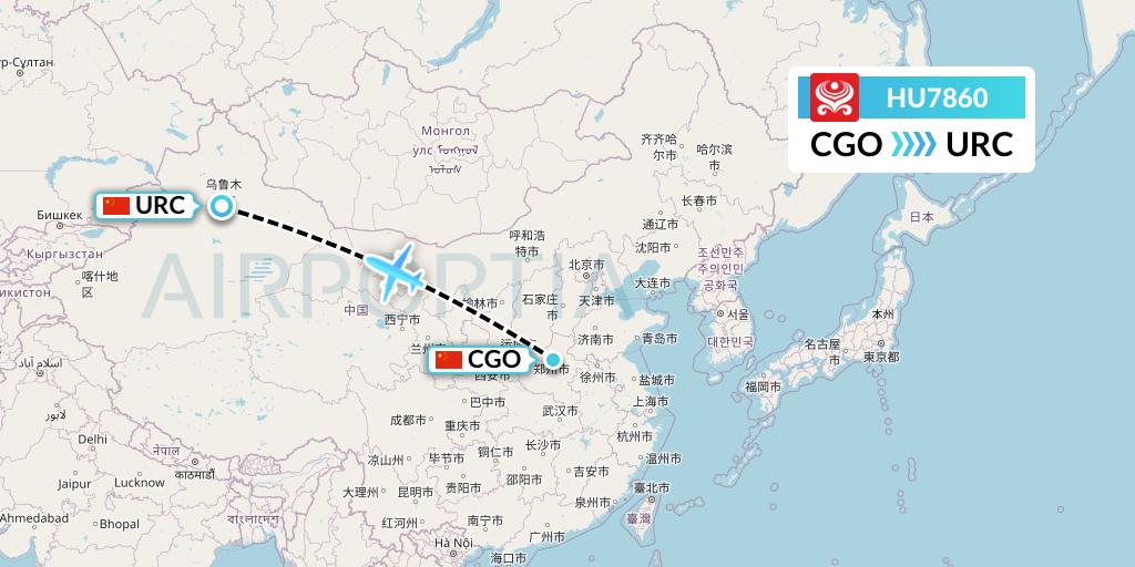 HU7860 Hainan Airlines Flight Map: Zhengzhou to Urumqi