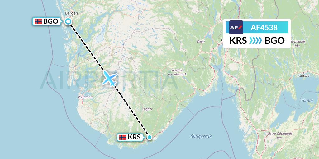 AF4538 Air France Flight Map: Kristiansand to Bergen