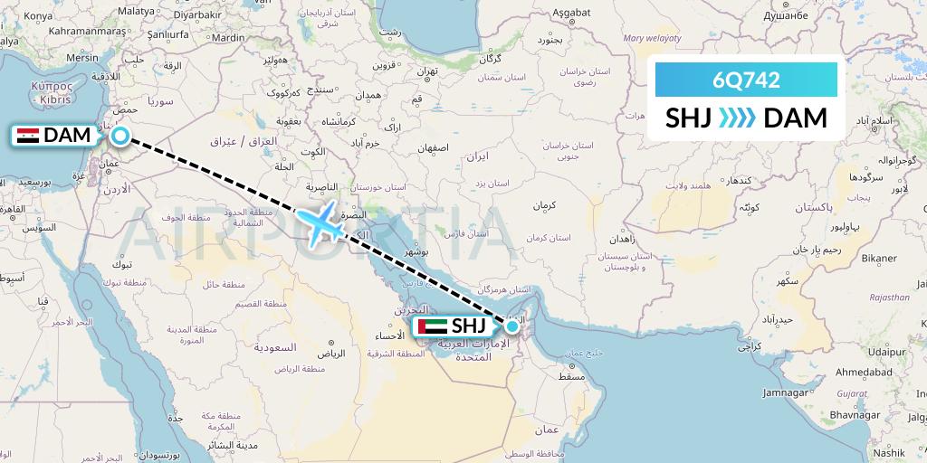 6Q742 Cham Wings Airlines Flight Map: Sharjah to Damascus