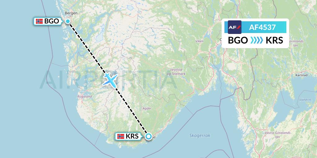 AF4537 Air France Flight Map: Bergen to Kristiansand