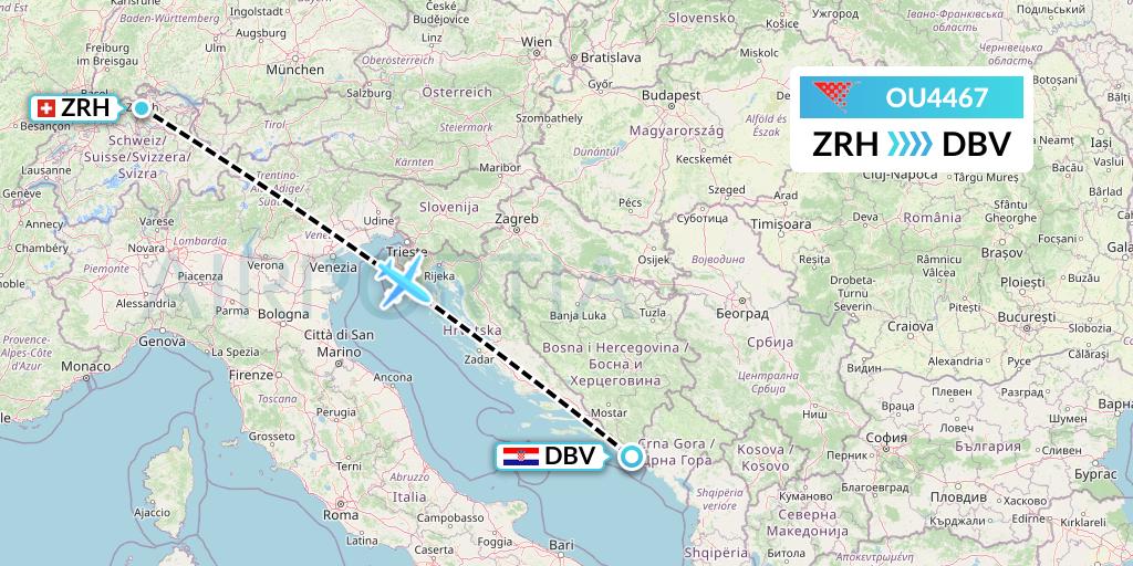 OU4467 Croatia Airlines Flight Map: Zurich to Dubrovnik
