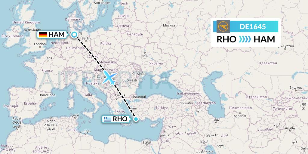 DE1645 Condor Flight Map: Rhodes to Hamburg
