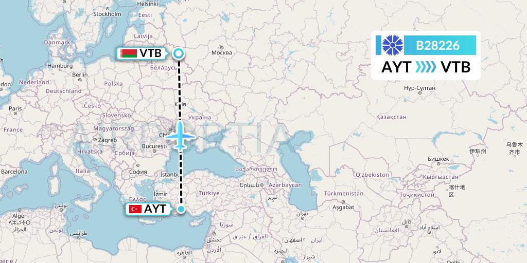 B28226 Belavia Flight Map: Antalya to Vitebsk