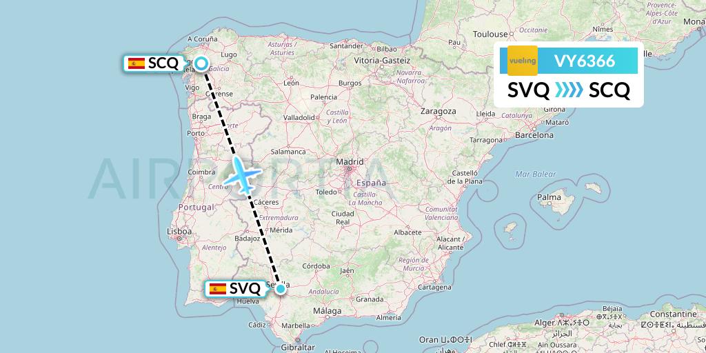 VY6366 Vueling Flight Map: Seville to Santiago
