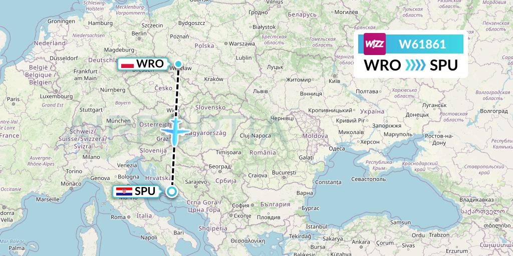 W61861 Wizz Air Flight Map: Wroclaw to Split