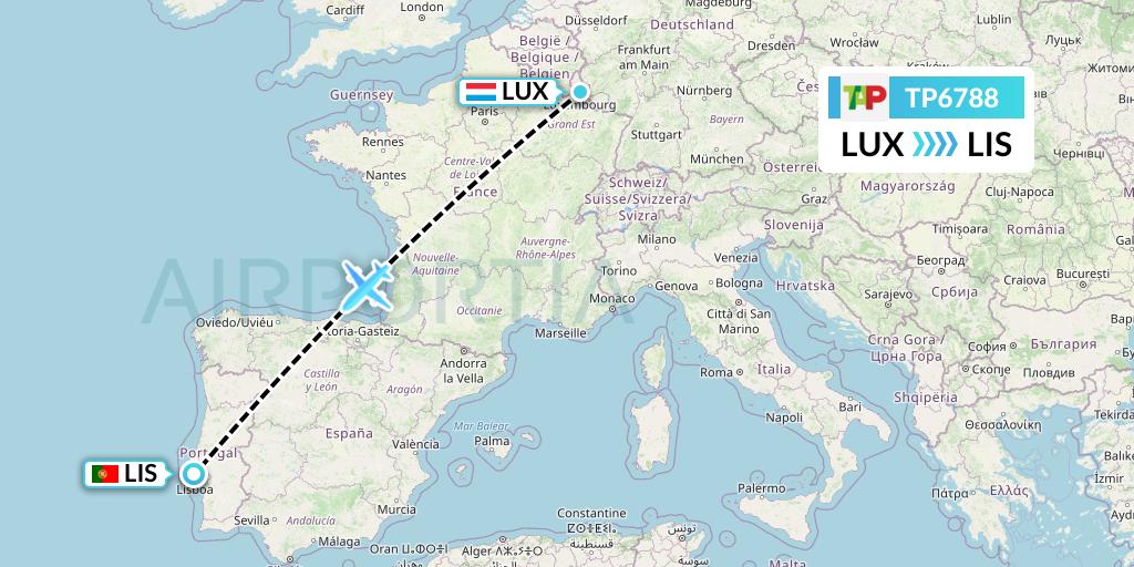 TP6788 TAP Portugal Flight Map: Luxembourg to Lisbon