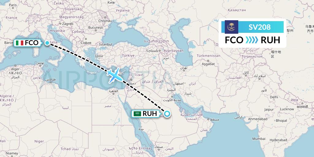 SV208 Saudi Arabian Airlines Flight Map: Rome to Riyadh