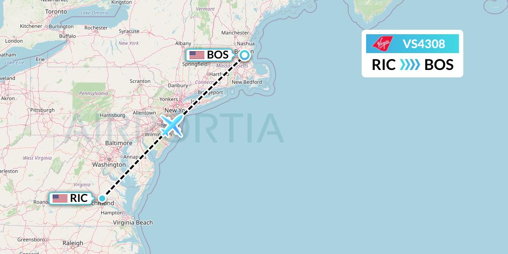 VS4308 Virgin Atlantic Airways Flight Map: Richmond to Boston