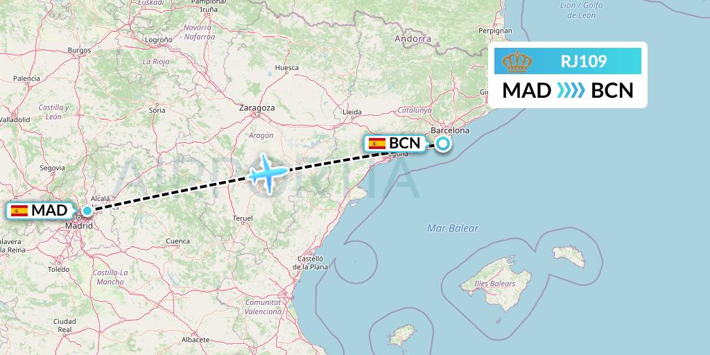RJ109 Royal Jordanian Flight Map: Madrid to Barcelona