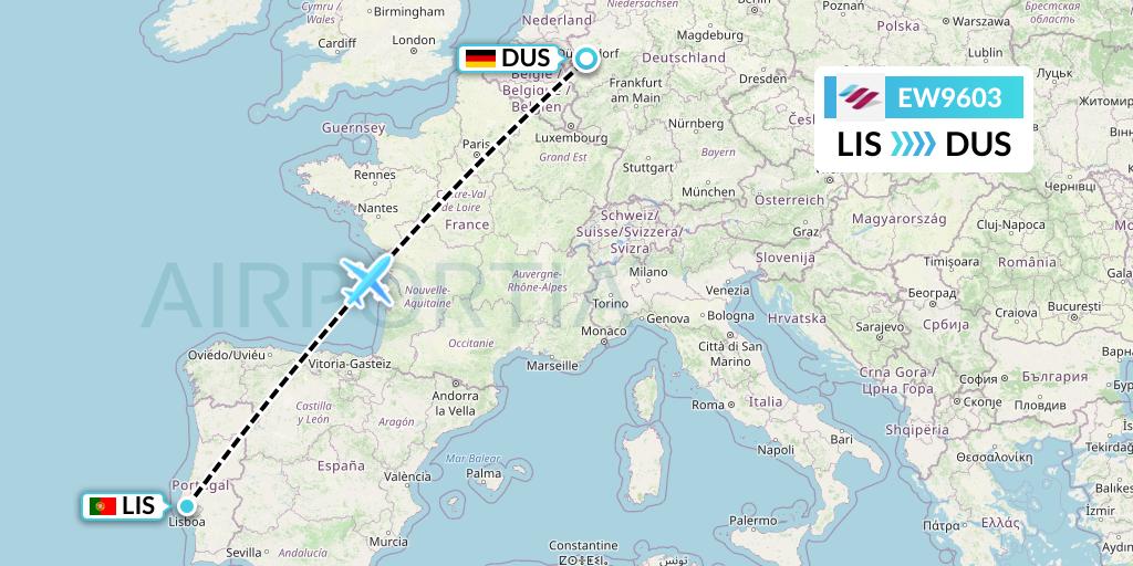 EW9603 Eurowings Flight Map: Lisbon to Dusseldorf