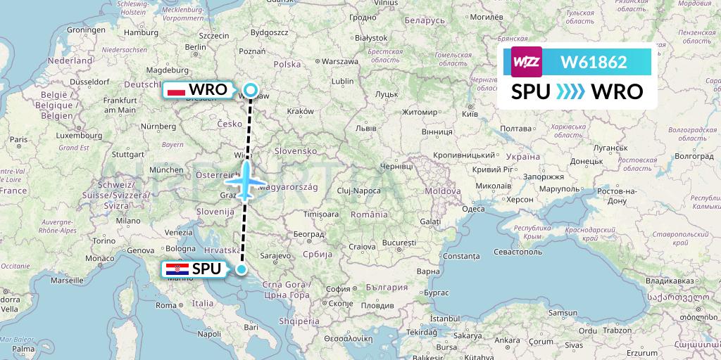 W61862 Wizz Air Flight Map: Split to Wroclaw