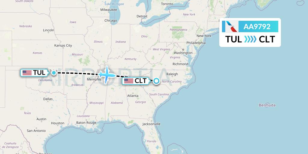 AA9792 American Airlines Flight Map: Tulsa to Charlotte
