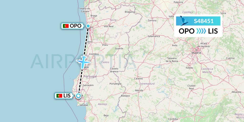 S48451 Azores Airlines Flight Map: Porto to Lisbon