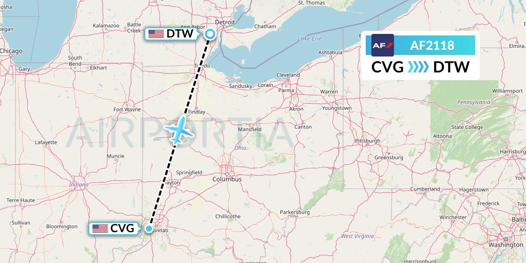 AF2118 Air France Flight Map: Cincinnati to Detroit