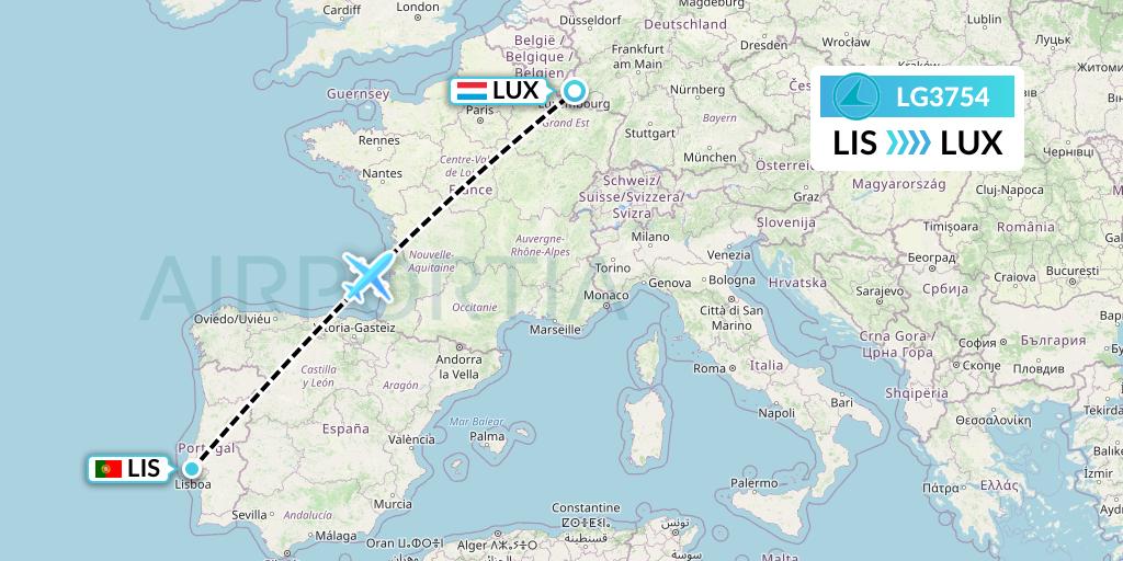 LG3754 Luxair Flight Map: Lisbon to Luxembourg