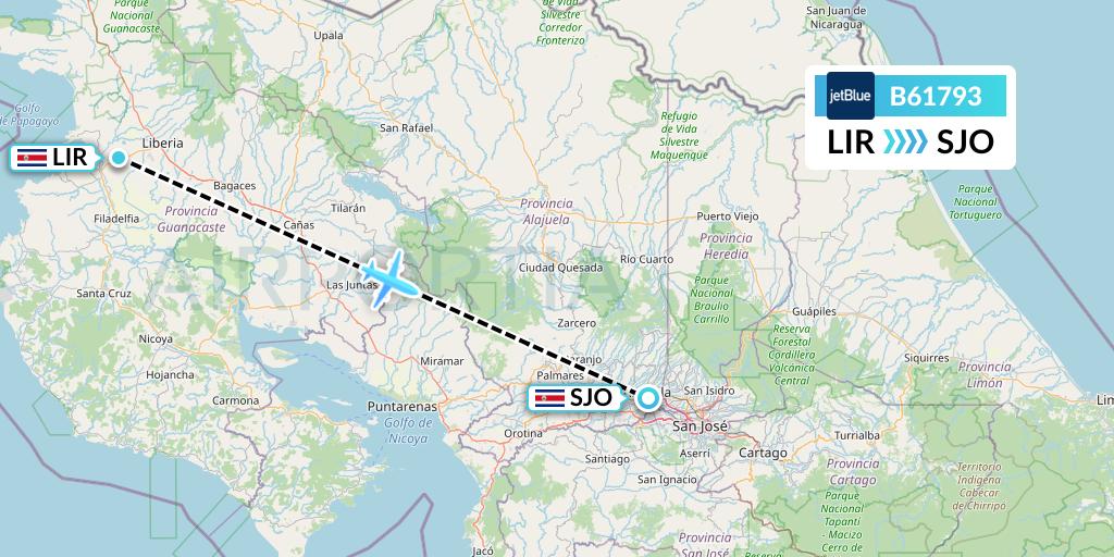 B61793 JetBlue Airways Flight Map: Liberia to San Jose