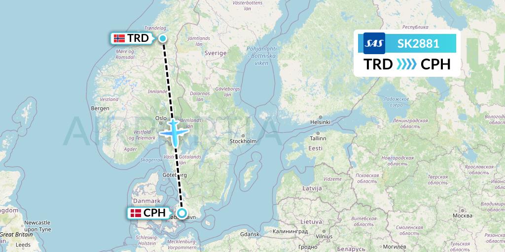 SK2881 SAS Flight Map: Trondheim to Copenhagen