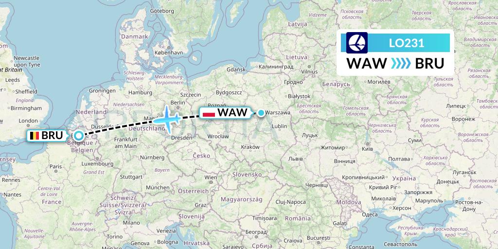 LO231 LOT Flight Map: Warsaw to Brussels