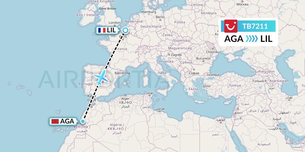 TB7211 TUI fly Belgium Flight Map: Agadir to Lille