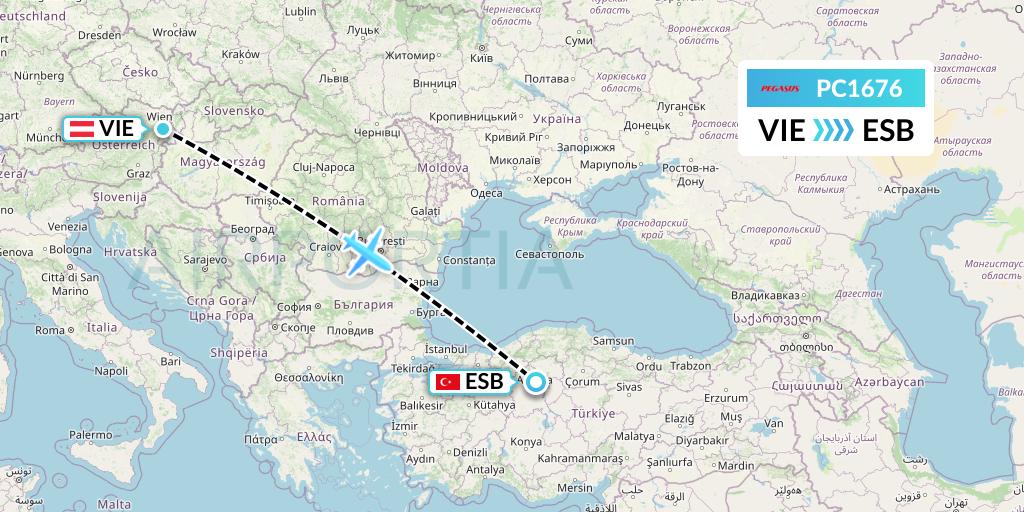 PC1676 Pegasus Airlines Flight Map: Vienna to Ankara