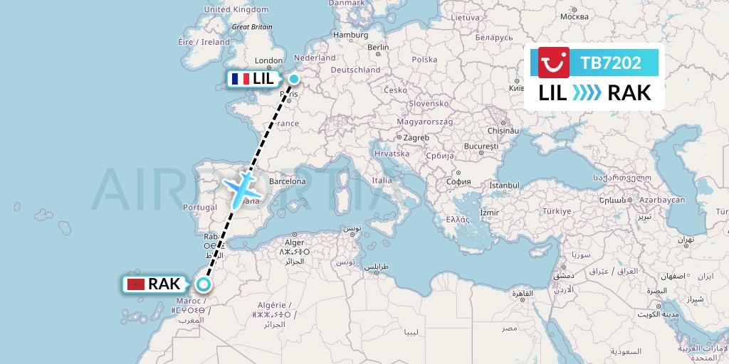 TB7202 TUI fly Belgium Flight Map: Lille to Marrakesh