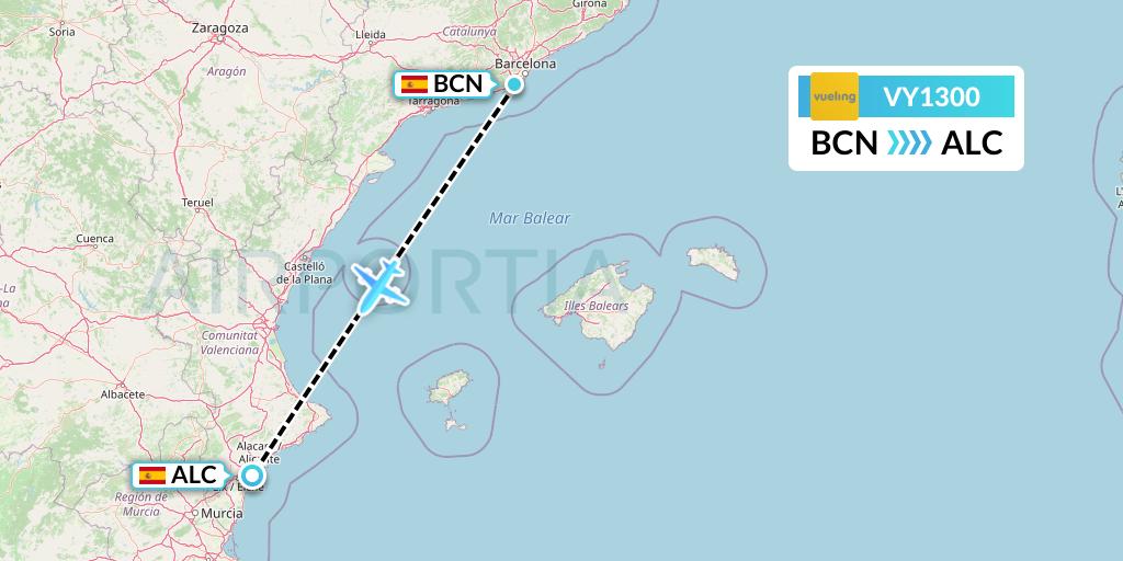 VY1300 Vueling Flight Map: Barcelona to Alicante