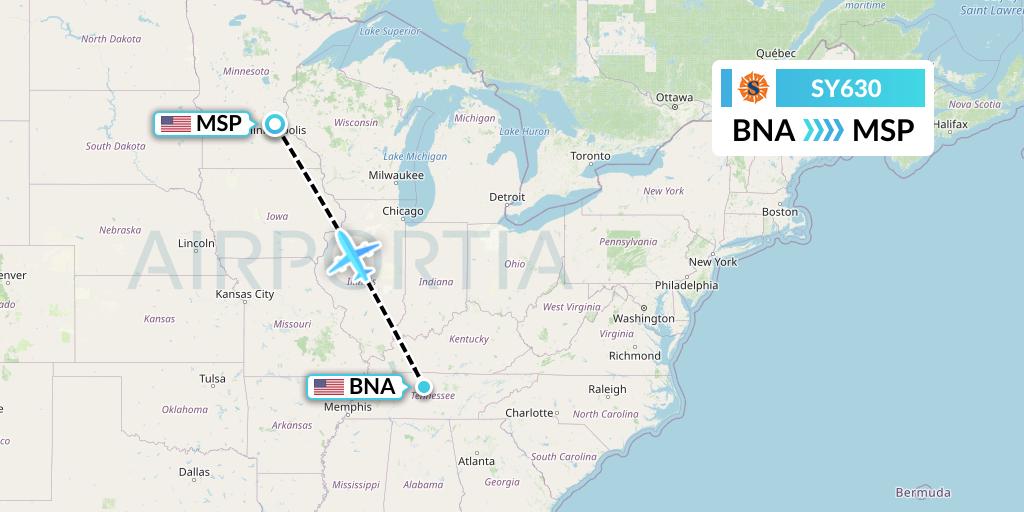 SY630 Sun Country Airlines Flight Map: Nashville to Minneapolis