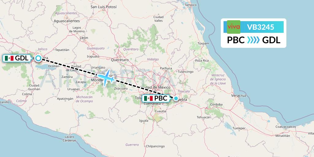 VB3245 VivaAerobus Flight Map: Puebla to Guadalajara