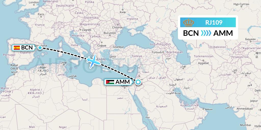 RJ109 Royal Jordanian Flight Map: Barcelona to Amman