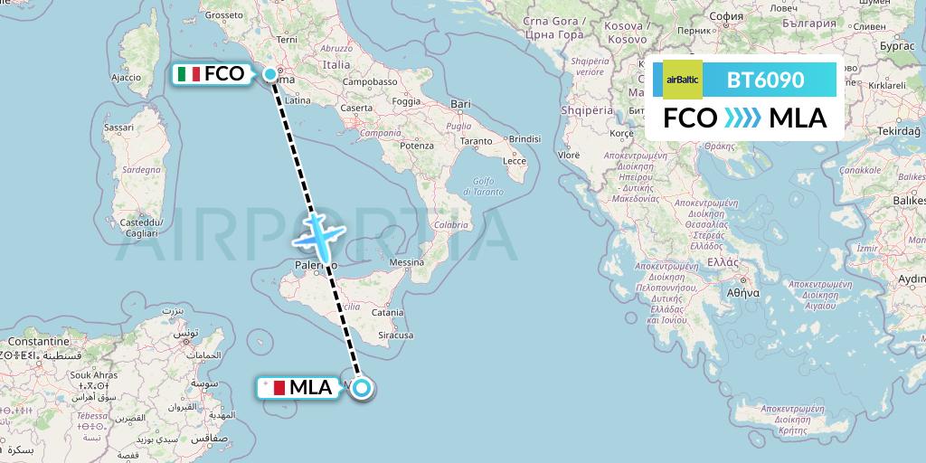 BT6090 Air Baltic Flight Map: Rome to Malta